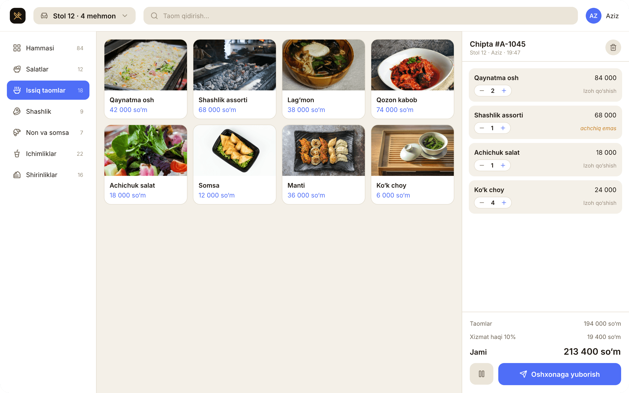 Pick a table, add dishes, split the bill and close it.